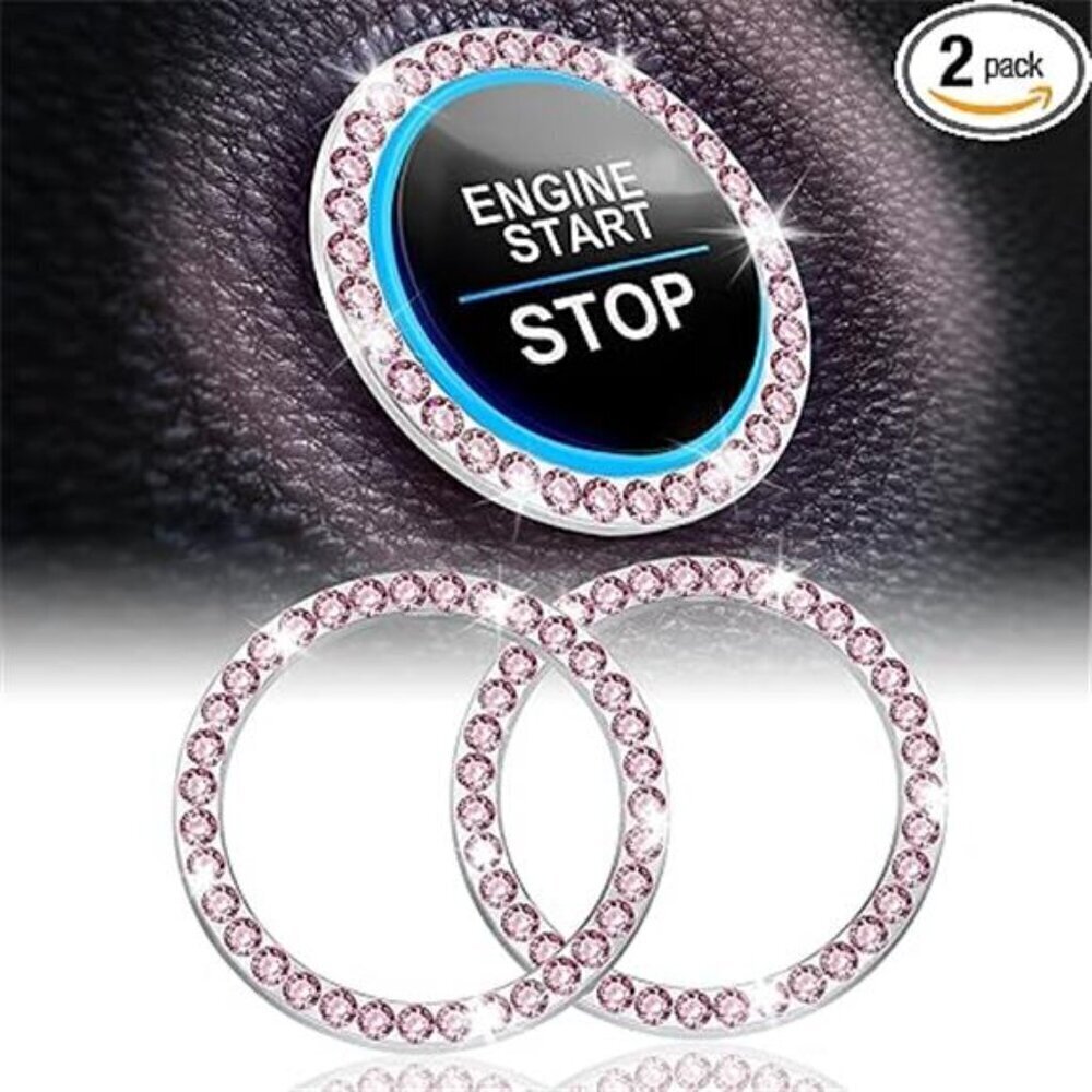 Car Start Button Bling Rhinestone Diamond Engine Button Ring 2-Pack Pink - Picture 7 of 7